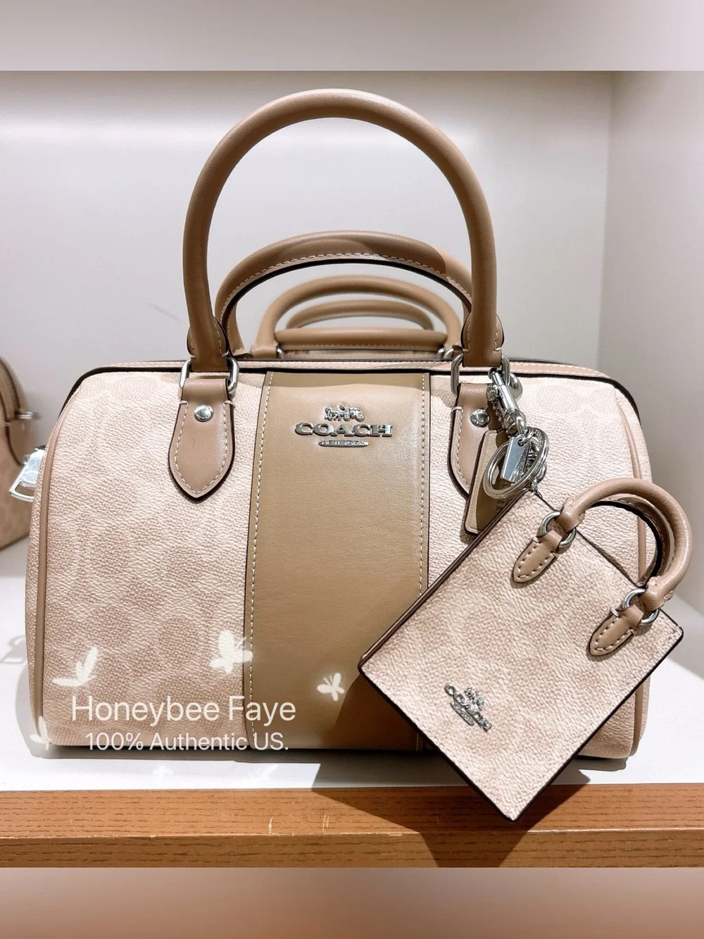 Coach Rowan sand/taupe stripe Signature Satchel plus mini tote Charm Tag cw376